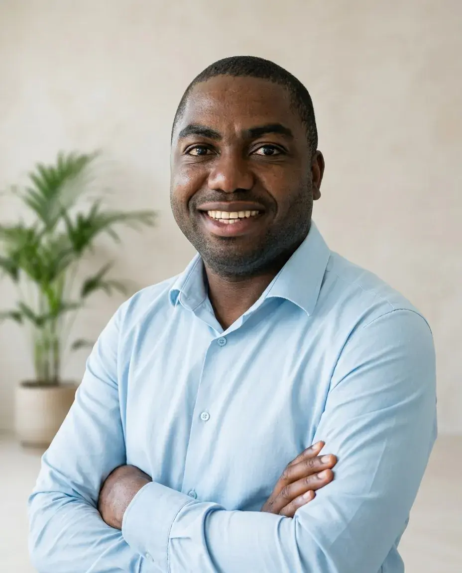 Portrait d'An-Oufidine Douhouchina, fondateur de WEDOAPP, souriant, bras croisés